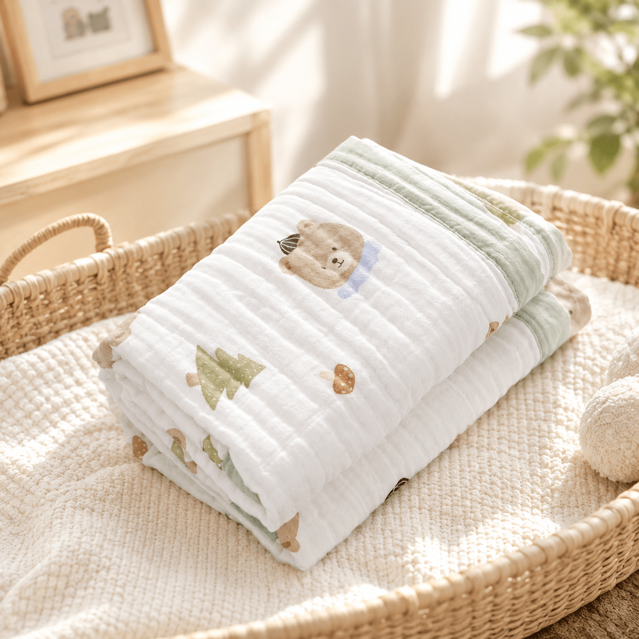 Folded Pine Tree Bear pattern cotton gauze swaddle blanket in woven basket